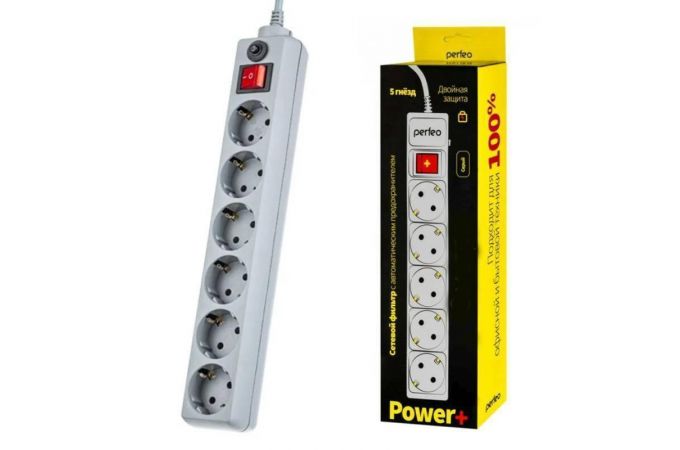 Сетевой фильтр Perfeo "POWER+", 5,0м, 6 розеток, серый (PF-PP-6/5,0-G)