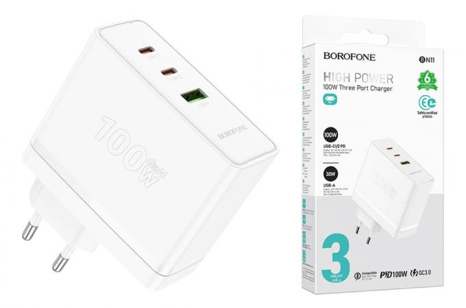 Сетевое зарядное устройство 2USB-C + USB  BOROFONE BN11 PD100W (белый)