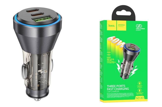 Автомобильное зарядное устройство АЗУ USB + 2USB-C HOCO NZ12D QC3.0 + PD60W (черный прозрачный)