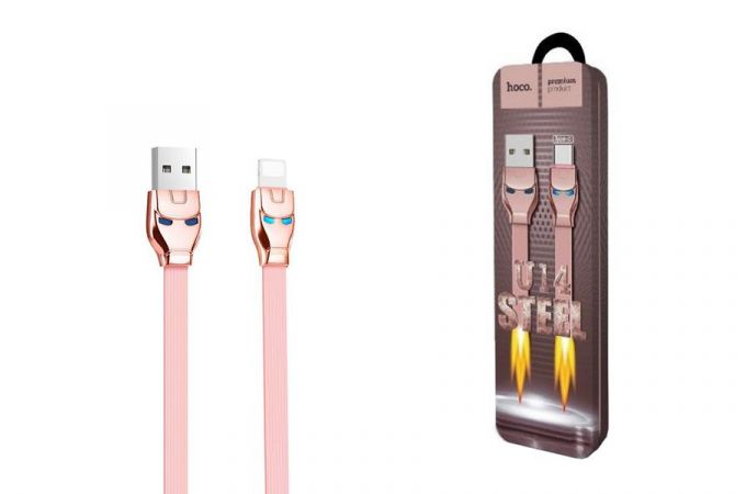 Кабель USB - Lightning HOCO U14 железный человек 2,4A (розовый) 1,2м (LED индикатор, мет. коробка)