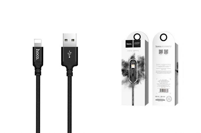 Кабель USB - Lightning HOCO X14, 2,4A (черный) 2м (в оплетке)