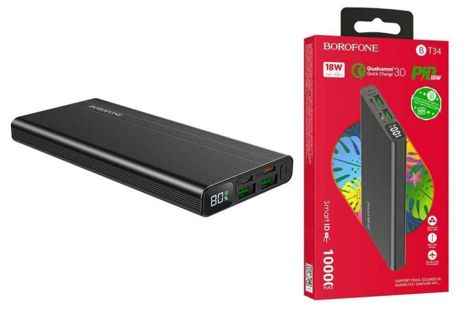 Универсальный дополнительный аккумулятор Power Bank BOROFONE BT34 PD+QC3.0 (10000 mAh) (черный)