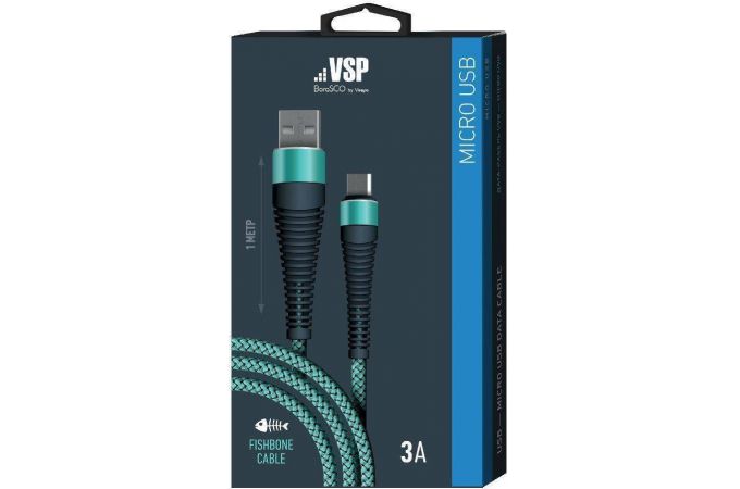 Кабель USB - MicroUSB BoraSCO (38502) Fishbone 3A (тиффани) 1м