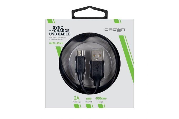 Кабель USB - MicroUSB Crown (3016M) 2A (черный) 1м