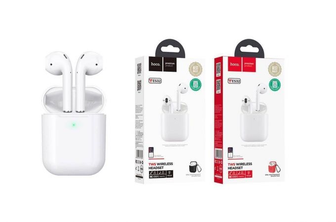Наушники вакуумные беспроводные HOCO ES32 Original series apple wireless headset Bluetooth (белый) (Черный силиконовый чехол)