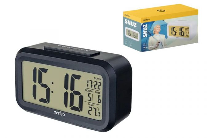 Часы настольные-будильник Perfeo  "Snuz" (PF-S2166) время, температура, дата (черный)