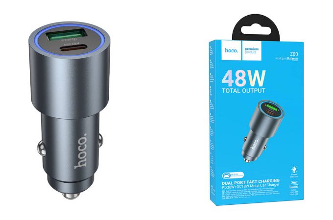 Автомобильное зарядное устройство АЗУ USB + USB-C HOCO Z60 Bloom 48W dual-port PD30W+QC3.0 multi-protocol (металлический серый)