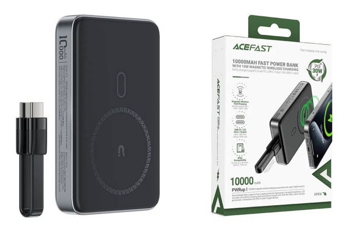 Универсальный дополнительный аккумулятор Power Bank ACEFAST M10 PD30W Magnetic Wireless Charging Power Bank With Carle 10000mAh Black (черный)