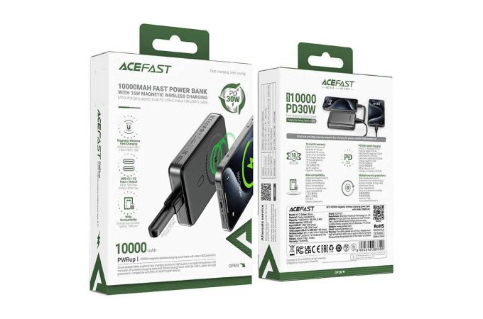 Универсальный дополнительный аккумулятор Power Bank ACEFAST M10 PD30W Magnetic Wireless Charging Power Bank With Carle 10000mAh Black (черный)