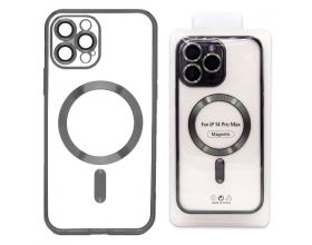 Чехол силиконовый прозрачный для iPhone 14 (6.1) MagSafe с металлизированным черным бампером и защитой камер