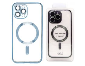 Чехол силиконовый прозрачный для iPhone 14 (6.1) MagSafe с металлизированным синим бампером и защитой камер
