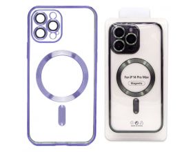 Чехол силиконовый прозрачный для iPhone 14 (6.1) MagSafe с металлизированным фиолетовым бампером и защитой камер