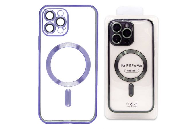 Чехол силиконовый прозрачный для iPhone 14 (6.1) MagSafe с металлизированным фиолетовым бампером и защитой камер