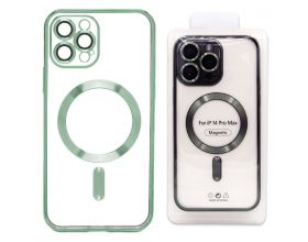 Чехол силиконовый прозрачный для iPhone 14 Pro (6.1) MagSafe с металлизированным зеленым бампером и защитой камер