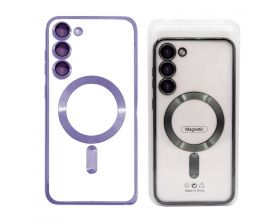 Чехол для Samsung S23 с металлизированным фиолетовым бампером и защитой камер MagSafe (прозрачный)