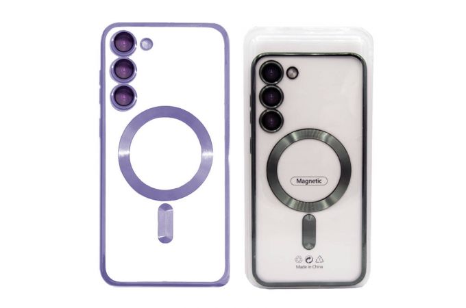Чехол для Samsung S23 с металлизированным фиолетовым бампером и защитой камер MagSafe (прозрачный)