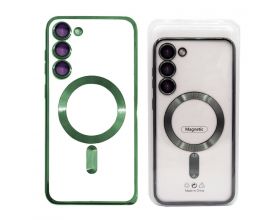 Чехол для Samsung S23 с металлизированным зеленым бампером и защитой камер MagSafe (прозрачный)