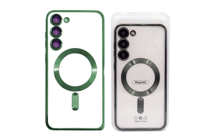 Чехол для Samsung S23 с металлизированным зеленым бампером и защитой камер MagSafe (прозрачный)