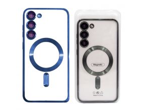 Чехол для Samsung S23 с металлизированным синим бампером и защитой камер MagSafe (прозрачный)