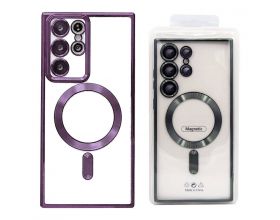 Чехол для Samsung S23 Ultra с металлизированным фиолетовым бампером и защитой камер MagSafe (прозрачный)