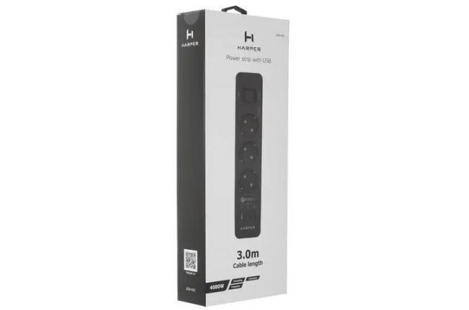 Сетевой фильтр с USB зарядкой HARPER UCH-410 Black QC3.0 3xUSB порта, 3хрозетки, длина 3м, 4000W (16A)