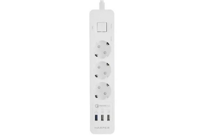 Сетевой фильтр с USB зарядкой HARPER UCH-410 White QC3.0 3xUSB порта, 3хрозетки, длина 3м, 4000W (16A)
