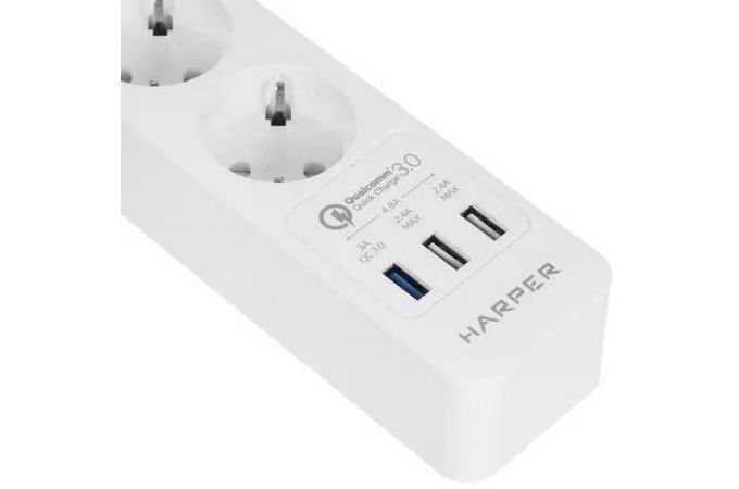 Сетевой фильтр с USB зарядкой HARPER UCH-410 White QC3.0 3xUSB порта, 3хрозетки, длина 3м, 4000W (16A)