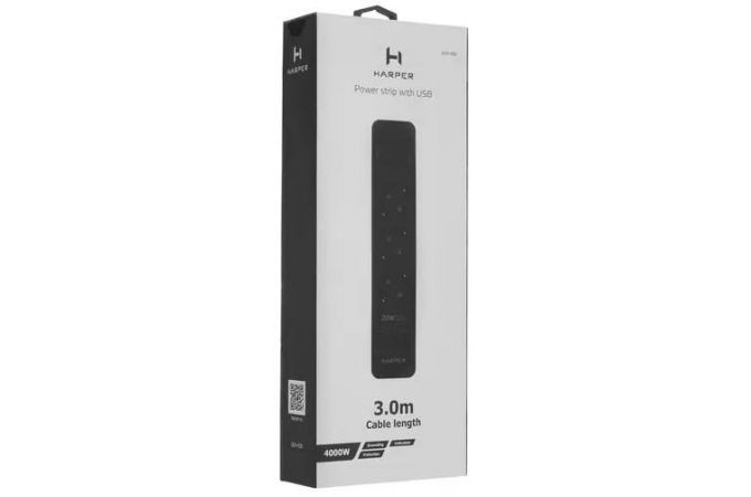 Сетевой фильтр с USB зарядкой HARPER UCH-430 Black QC3.0 2xUSB+1xType-C, 3хрозетки, длина 3м, 4000W (16A)