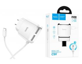 Сетевое зарядное устройство 2USB + кабель MicroUSB HOCO C59 Mega joy, плоская вилка, 2400mAh (белый)