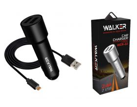 Автомобильное зарядное устройство АЗУ 2USB + кабель Lightning WALKER WCR-22, 2.4А, 12Вт, удлиненный корпус, черное