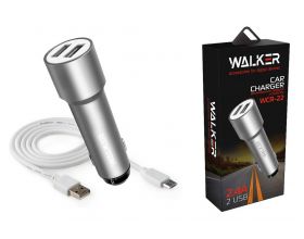 Автомобильное зарядное устройство АЗУ 2USB + кабель MicroUSB WALKER WCR-22, 2.4А, 12Вт, удлиненный корпус, серебряный