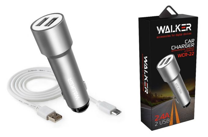 Автомобильное зарядное устройство АЗУ 2USB + кабель MicroUSB WALKER WCR-22, 2.4А, 12Вт, удлиненный корпус, серебряный