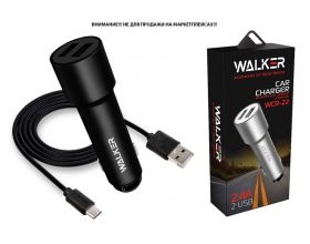 Автомобильное зарядное устройство АЗУ 2USB + кабель Type-C WALKER WCR-22, 2.4А, 12Вт, черное