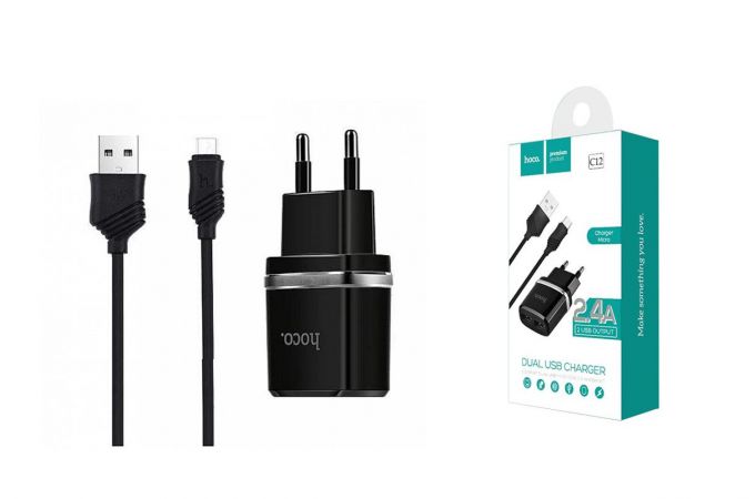 Сетевое зарядное устройство 2USB + кабель MicroUSB HOCO C12 2400mAh (черный)