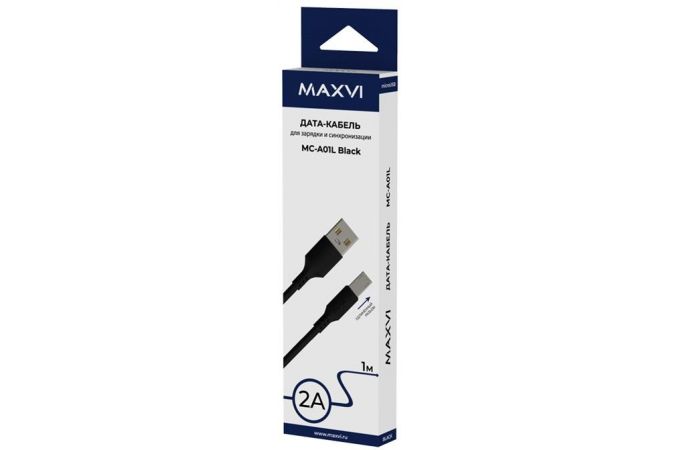 Кабель USB - MicroUSB Maxvi (MC-A01L) 2A (черный) 1м (УДЛИНЕННЫЙ ШТЕКЕР)