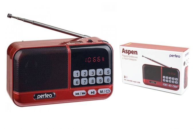 Радиоприемник Perfeo цифровой ASPEN FM 87.5-108МГц/ MP3/ USB или 18650/ красный (i20RED) PF_B4058