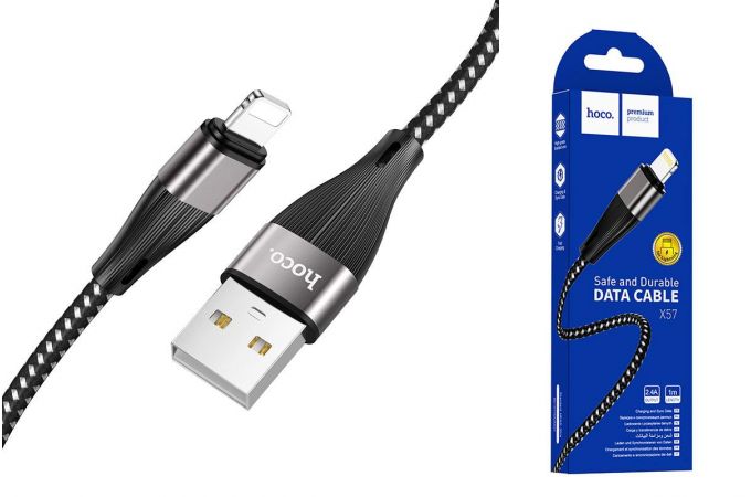 Кабель USB - Lightning HOCO X57, 2,4A (черный) 1м (в оплетке)