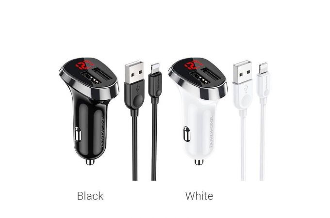 Автомобильное зарядное устройство АЗУ 2USB + кабель Lightning BOROFONE BZ15 2400 mAh (белый)