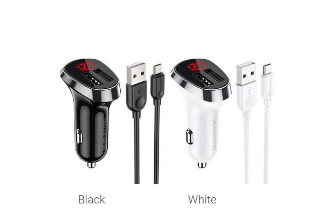 Автомобильное зарядное устройство АЗУ 2USB + кабель MicroUSB BOROFONE BZ15 2400 mAh digital displey (черный)