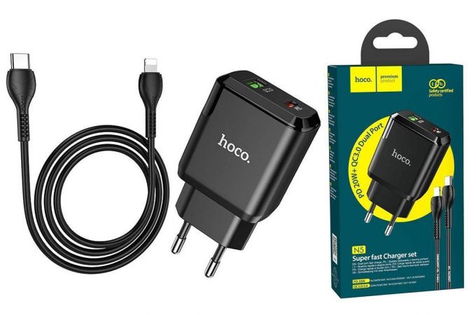 Сетевое зарядное устройство USB-C + кабель Lightning - Type-C HOCO N5 PD20W (черный)