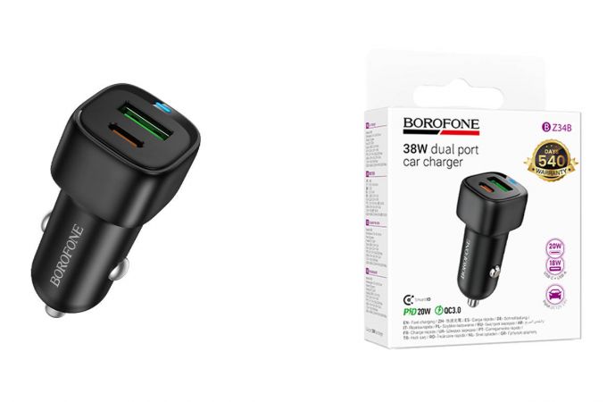Автомобильное зарядное устройство АЗУ USB + Type-C BOROFONE BZ34B Cloud PD38W (черный)