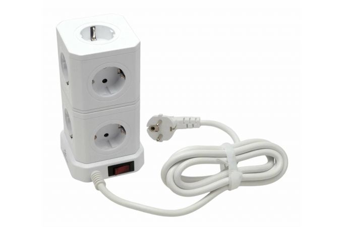 Сетевой фильтр с USB заряд. Cablexpert Tower TWR-9-U4-W2 белый, 9р, 16А, 4хUSB, 3.1А, 2м