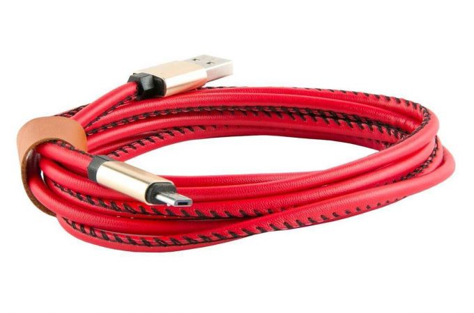 Кабель USB - MicroUSB в кожаной оплетке (красный) 1м