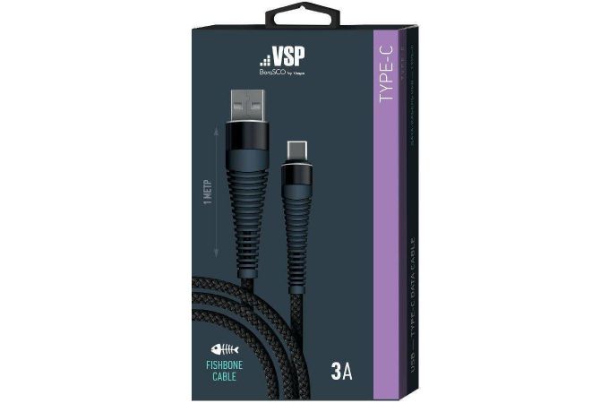 Кабель USB - USB Type-C BoraSCO (38503) Fishbone 3A (черный) 1м