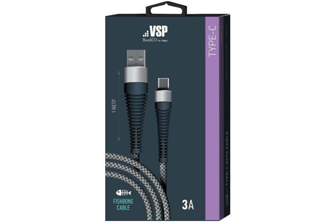 Кабель USB - USB Type-C BoraSCO (38504) Fishbone 3A (серый) 1м