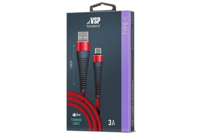 Кабель USB - USB Type-C BoraSCO (50184) Fishbone 3A (красный) 1м