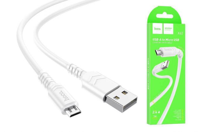 Кабель USB - MicroUSB HOCO X62 2,4A (белый) 1м (усиление угла)