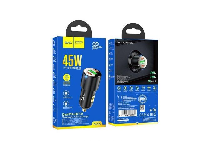 Автомобильное зарядное устройство АЗУ USB + 2USB-C HOCO NZ6 QC3.0 + PD45W (черный)