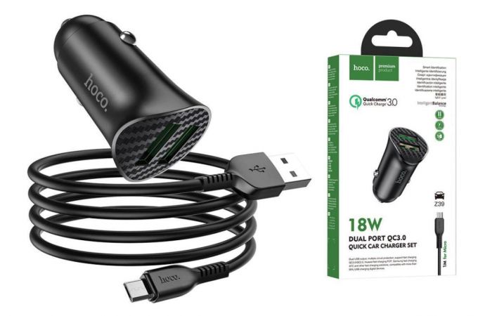Автомобильное зарядное устройство АЗУ 2USB + кабель MicroUSB HOCO Z39 QC3.0 (черный)