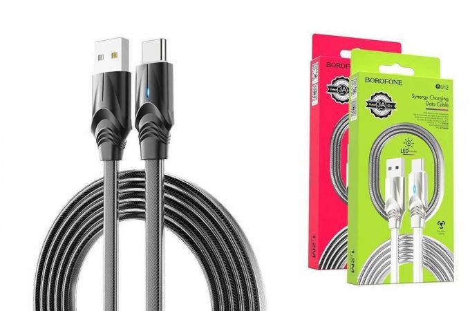 Кабель USB - USB Type-C BOROFONE BU12, 3A (черный) 1,2м (двойная оплетка, LED индикатор)